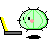 Pixelated green cactus-like character with pink cheeks and black eyes, interacting with a yellow-tipped tool on gray base against light gray background.