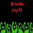 Red pixelated text "Rock out!" appears twice on a black background above a of green pixelated hands raised in the air