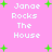 Pink background with green plus signs and repeated white pixelated text reading "Janae Rocks The House" in four distinct sections.