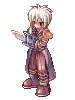 Pixel art character with white spiky hair holding a sword, wearing brown pants and purple cape against gray background.