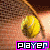 Pixelated image of a yellow lemon-shaped object held by hands against a brown brick wall background with 'PLAYER' text in pink and blue border at bottom.