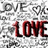 Pixelated image with red text 'nick' and a heart symbol, two large red 'LOVE' words on gray background.