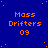 Blue background with orange pixelated text 'Mass Drifters 09' repeated in a pattern, scattered white dots, and a gray rectangle in the bottom-right corner