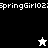 Pixelated icon with black and white sections, gray background, repeated text "SpringGirl102" at top and middle, two star-shaped figures in different positions.