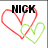Red and green heart outlines with black text above; 'NICK' in top-left, 'AND' in top-right, 'AMANDA' partially visible below.