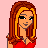 Pixel art of a woman in red dress and high heels with long brown hair, standing against pink background.