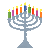 Pixelated menorah with nine colored candles on a light gray background, rendered in low-resolution digital art style.