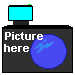 A static pixel art image shows a computer monitor above a dark rectangle with 'Picture here' text and a blue circle, with one version featuring a yellow and white explosion effect.