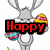 Animated Easter-themed icon featuring a gray rabbit holding eggs, colorful egg pile, and yellow bunny with text overlays.