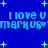 Blue background with light blue pixelated text repeating "I love u" and "markus" alongside white plus signs scattered across the scene.