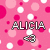Pink polka-dot background with white and red dots, featuring the name 'ALICIA' in pixelated text above a small animated heart symbol.