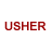 Static 48x48 pixel icon displaying red text "USHER" on a white background with visible dithering and anti-aliasing artifacts.