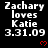 Black background with white text reading "Zachary loves Katie 3.31.09" repeated in a , each instance accompanied by a small red heart symbol