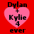 Red background with four pink heart-shaped icons arranged in a , each containing black text reading "Dylan + Kylie 4 ever"