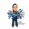 A man in a dark suit with a red tie holds blue and silver pom-poms in various poses