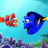 Pixelated underwater scene with two fish characters and text on blue and gray backgrounds
