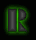 Green glowing letter R with dark gray fill on black background, displayed in a of six showing animation frames