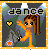 Pixel art buddy icon featuring a dancing female character with long brown hair in a ponytail, wearing an orange dress, set against a dark background with green and purple elements, framed by a yellow border with white dots.