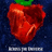 A pixelated strawberry icon with green leaves on a dark blue background, surrounded by red containing text