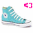 Six high-top sneakers in cyan, yellow, pink, green, black, and gray arranged in two with colored '<3' symbols above each