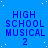 Blue background with white dots, repeated text 'HIGH SCHOOL MUSICAL 2' in dark blue pixelated font