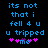 Blue pixelated text on black background reads 'its not that i fell 4 u u tripped' with pink asterisks and 'me' below, two versions differ in asterisk arrangement.