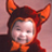 Pixelated static icon of a baby wearing red devil horns and a matching hooded outfit with an orange bow tie, set against a muted pink background.