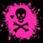 Pixelated pink icon with black skull and crossbones symbol on dark background.