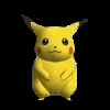 Yellow cartoon character with red cheek circles, black eyes, and a small mouth, standing against a black background with yellow lightning effects around its head.