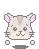 Pixel art of a light gray cat with pink inner ears and brown stripe on forehead, showing two expressions: open eyes and closed eyes.