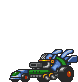 Pixel art robot in blue, green, orange, and black with multiple poses including vehicle form, standing, and weapon actions.