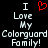 Static pixel art displays 'I Love My Colorguard Family!' with a red heart symbol replacing the word 'Love' in two identical side-by-side text blocks on black background.