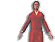 A figure in a red suit with a white collar stands against a gray background, transitioning through multiple poses including arms extended forward, side, and pointing gestures.