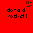 Red background with black text reading 'donald rocks!!!' and a green pixelated heart symbol above the left instance of the text.