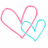 Two overlapping heart shapes rendered in pixelated style, one pink and one cyan, on a white background.