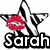 A star-shaped icon with red lips and the text 'Sarah' below it, featuring black and white stripes.