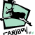 Pixelated icon of a black moose in mid-leap against light green background, with 'CARIBOU' text below and small green symbols; right side shows glitched text reading 'linsey loves caribou'.