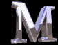 Three of metallic 'M' letters with reflective silver and gray surfaces on black backgrounds, some with light blue accents