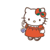 Hello Kitty character in red dress with green accents, holding a blue-and-white striped ornament, brown bow with green holly on head.