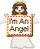 Pixelated angel figure with brown hair, blue eyes, red lips, white wings, and a halo holds a sign reading 'I'm An Angel' against gray background.