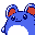 Blue cartoon character with red inner ears and white belly, smiling with closed eyes, shown in two side-by-side views with slight pose differences.