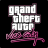 Pixelated text 'grand theft auto' in white block letters with dark purple outline over pink pixelated vehicle on black background.
