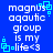 Blue background with white pixelated text reading 'magnus aquatic group is my life<3' and cyan square-dot animations in four corners.
