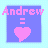 Animated sequence of a pink heart transforming into a stylized character silhouette with 'Andrew' text above on purple background.
