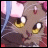 Pixelated close-up of a cat's face with large yellow eyes, pink ears, and brown fur, next to stylized text on a black background.