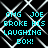 Cyan pixelated text reading "OMG JOE BROKE HIS LAUGHING BOX!" on a black background with white chain-link fence pattern, repeated in four identical quadrants.