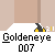 Pixelated character with white circular head and green camouflage body, positioned on gray platform against beige background; text "Goldeneye 007" below.