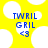 Yellow background with white circular shapes, blue text "TWRIL GRIL" and "<3" in pixelated font.