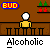 Animated pixel art of a yellow-shirted figure at a bar with 'Alcoholic' text, showing sequential changes in hand position and a speech bubble.