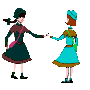 Two pixelated figures in traditional attire hold hands, one with dark green headwear and the other with turquoise headwear.